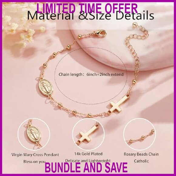 Virgin Mary Cross Charm Bracelet 14K Gold Plated 6" Length - Picture 6 of 7